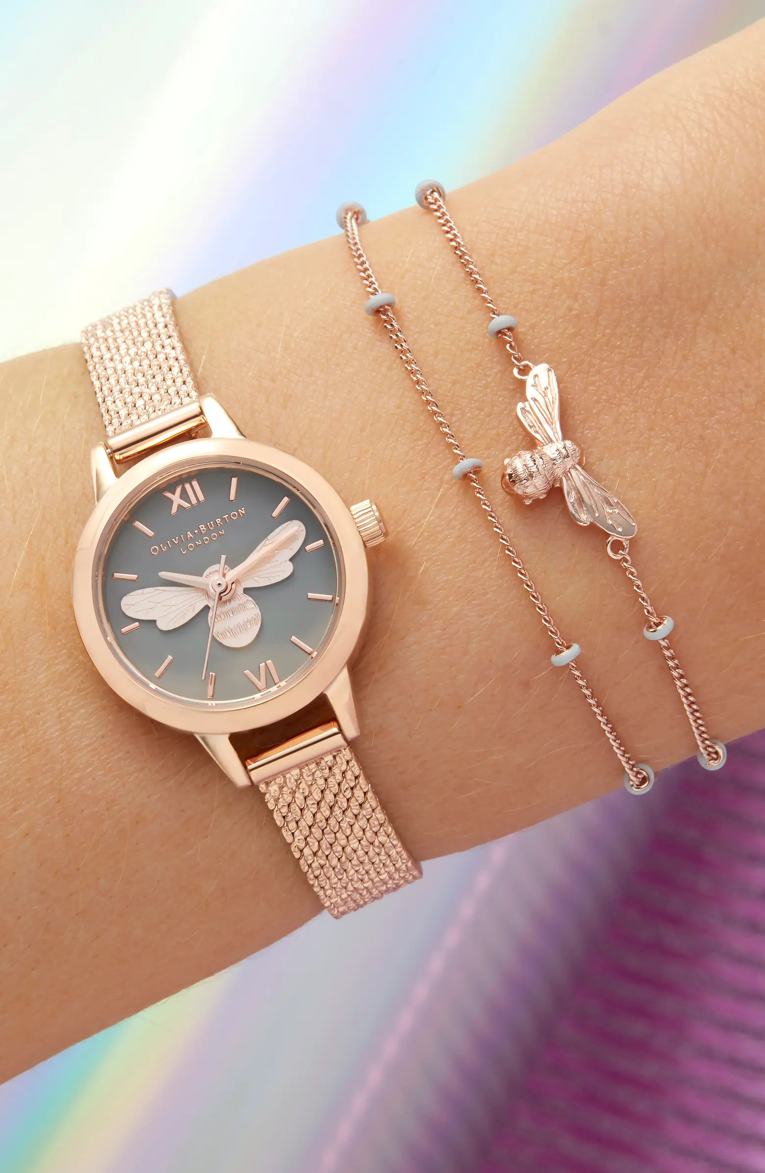 Lucky Bee Mesh Strap Watch, 23mm & Double Strand Bracelet Set | Nordstrom