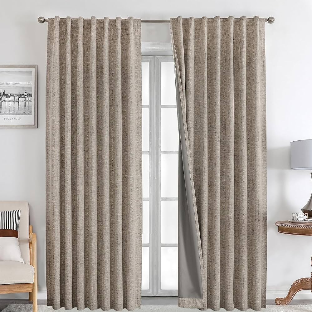 Joydeco 100% Black Out Curtains 108 inch Long 2 Panels Burg Natural Blackout Linen Drapes for Bed... | Amazon (US)