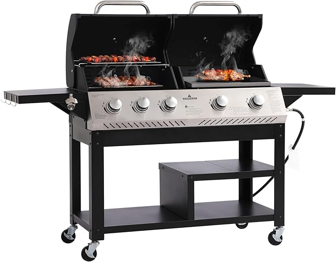 Propane Gas Grill and flat Grill Combo with Porcelain-Enameled Cast Iron Grate, Outdoor 5 Burner ... | Amazon (US)