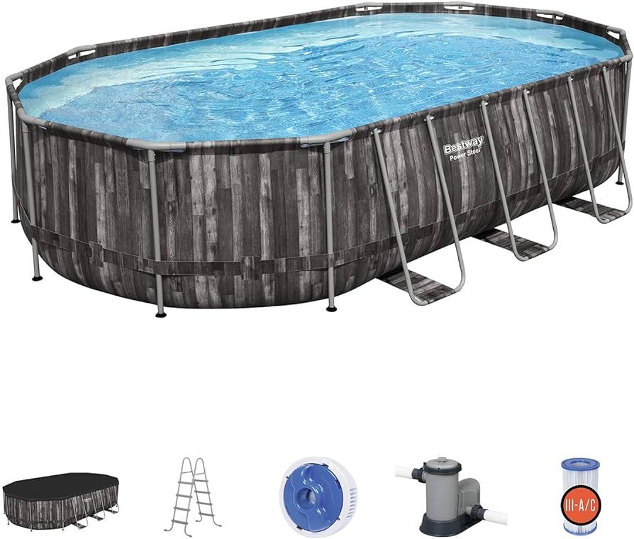 Bestway Power Steel 20' x 12' x 48" Oval Metal Frame Above Ground Outdoor Swimming Pool Set with ... | Amazon (US)