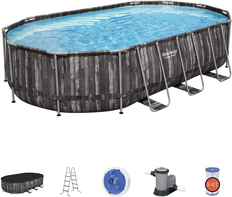 Bestway Power Steel 20' x 12' x 48" Oval Metal Frame Above Ground Outdoor Swimming Pool Set with ... | Amazon (US)