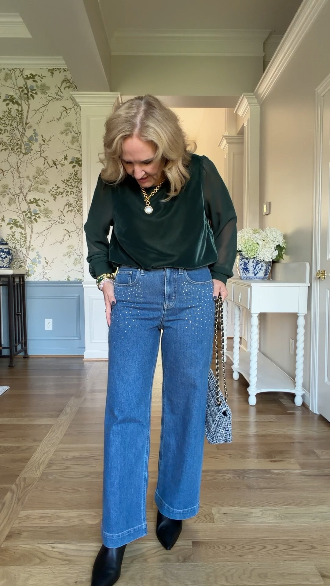 J.Crew factory holiday hall. Start wearing your pretty things now!
Embellish jeans, size 29 petite, I would size up if you’re in between
Velvet blouse size medium it has a matching velvet skirt. I would get both pieces so that you have the option to wear it as a dress.
I’ll link a similar purse
20% off my bracelets with code NANETTE20

#LTKOver40 #LTKSaleAlert #LTKHoliday