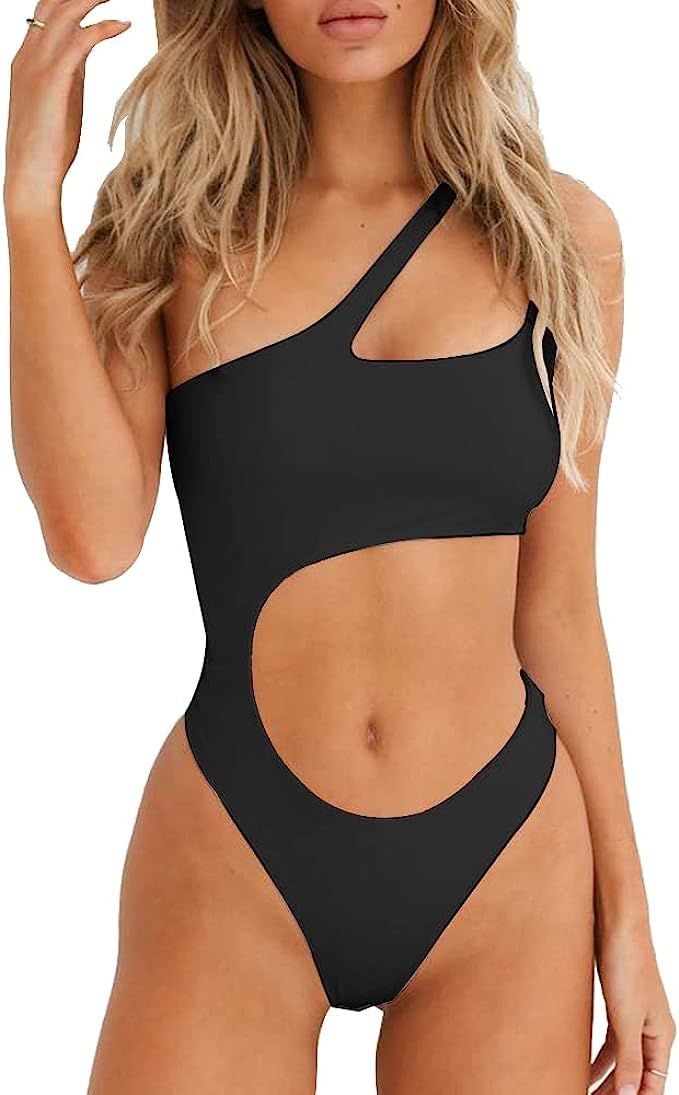 YELAIVP Women's Cutout One Piece Swimsuit Sexy One Shoulder High Cut Bathing Suit Bikini | Amazon (US)