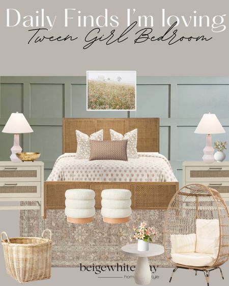Tween girl bedroom inspiration! A feminine but not too feminine girls room. The target accessories help bring this room together with the beautiful studio McGee rug, I love the egg chair inside the home, beautiful and affordable lamps, and the prettiest ottomans from target. The art is some of my favorite too and very affordable!

#LTKstyletip #LTKhome #LTKFind