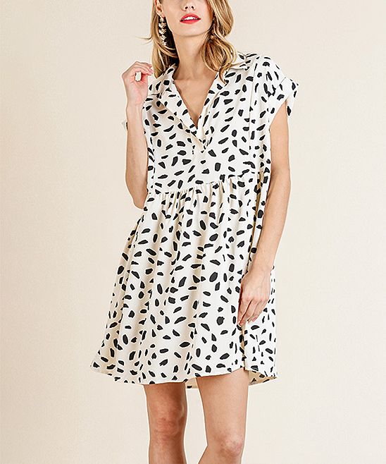 UMGEE U.S.A. Women's Casual Dresses Off - Off-White & Black Spotted Collared V-Neck Cap-Sleeve Dress | Zulily