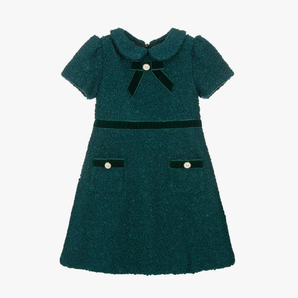 Girls Emerald Green Bouclé Dress | Childrensalon