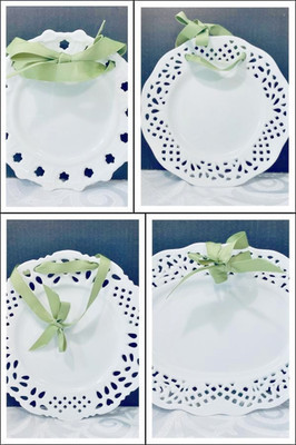 (4) VNTG Two's Company White Porcelain Reticulated Decor Plates Green Grosgrain | eBay US