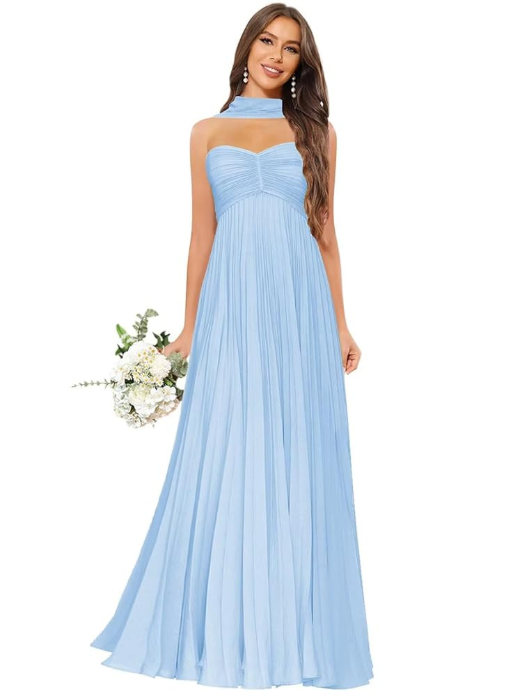 Strapless Pleated Chiffon Bridesmaid Dresses for Women Long Formal Maxi Dress with Neck Scarf | Amazon (US)