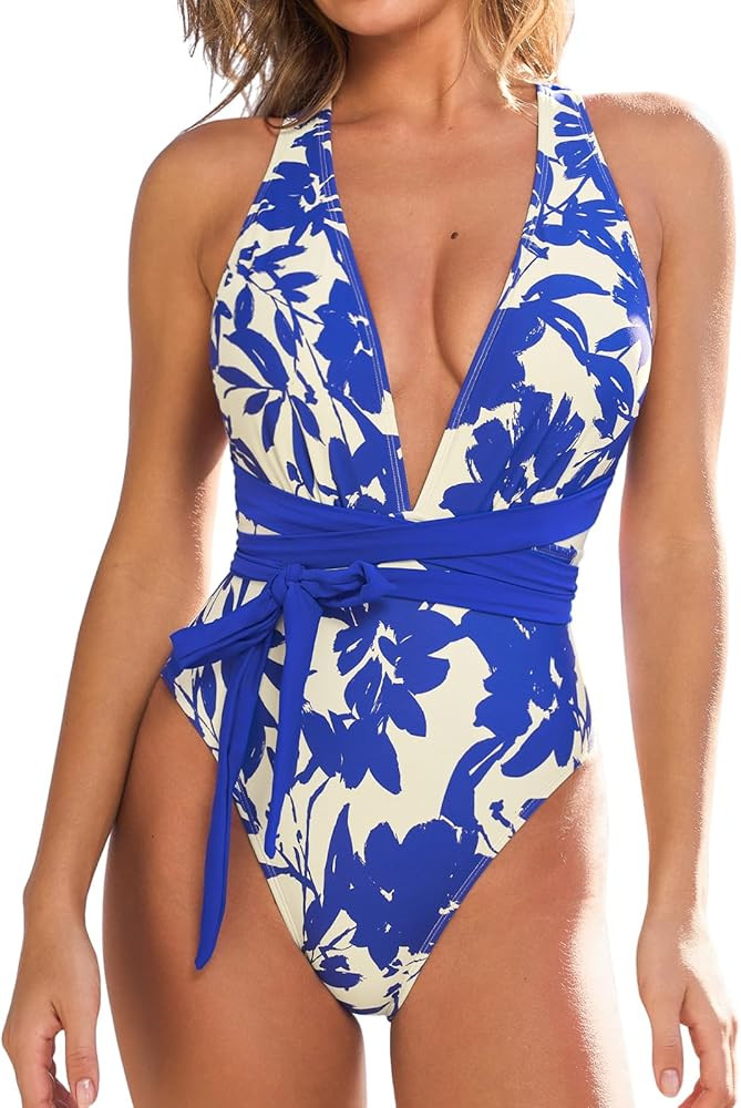 CUPSHE One Piece Swimsuit for Women Bathing Suit Sexy Deep V Neck Wrap Tie Cross Back | Amazon (US)