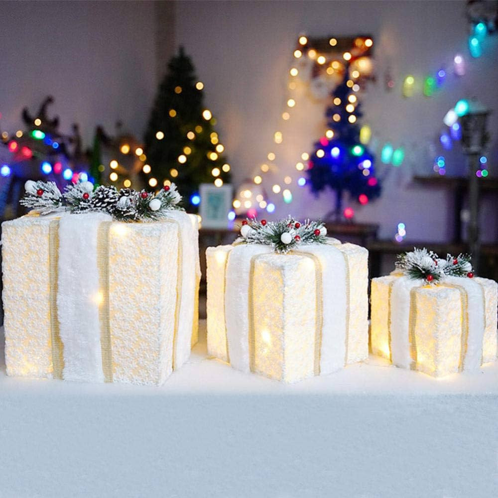 YWZQ Light Up Set of 3 LED Gift Boxes Christmas Decorative Iron Plush Fabrics with Snowflake Warm... | Amazon (US)