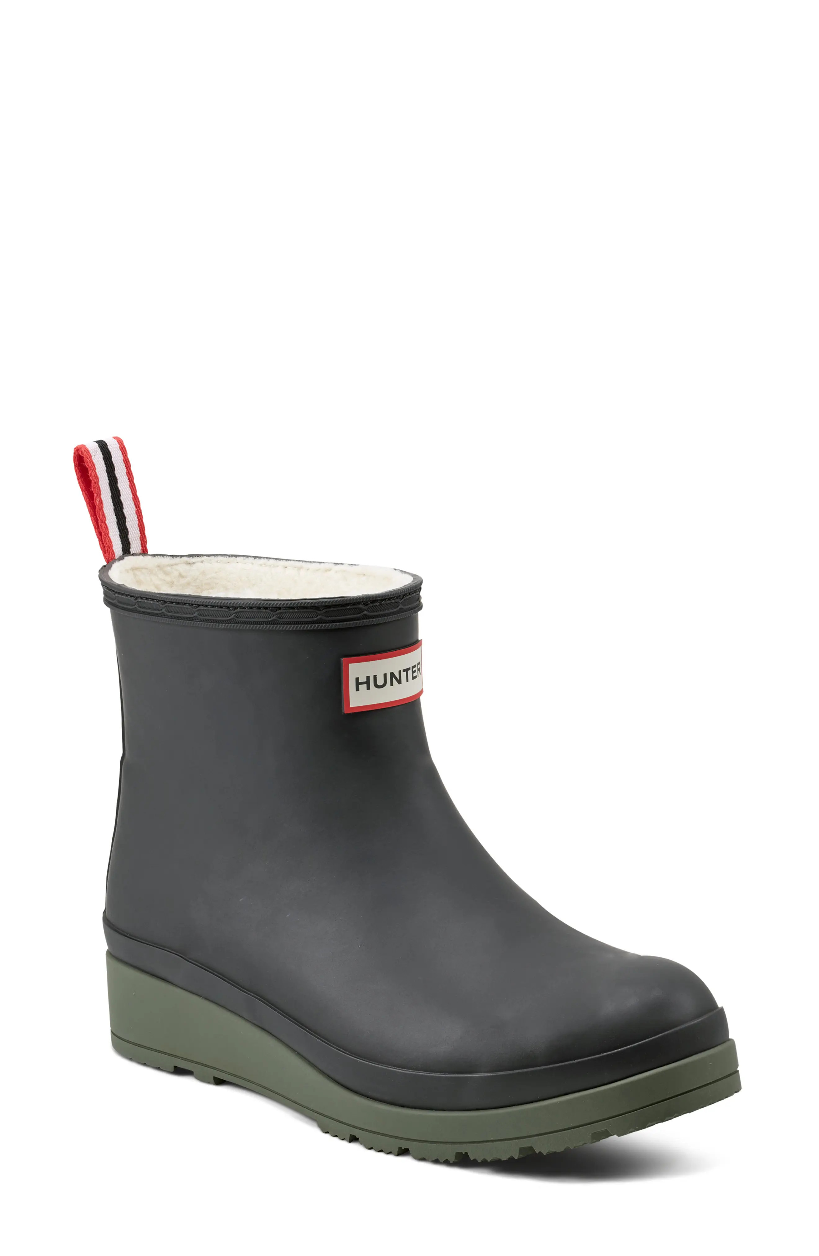 Hunter Play Short Faux Shearling Lined Waterproof Rain Boot in Flexing Green/White Willow at Nordstrom, Size 6 | Nordstrom
