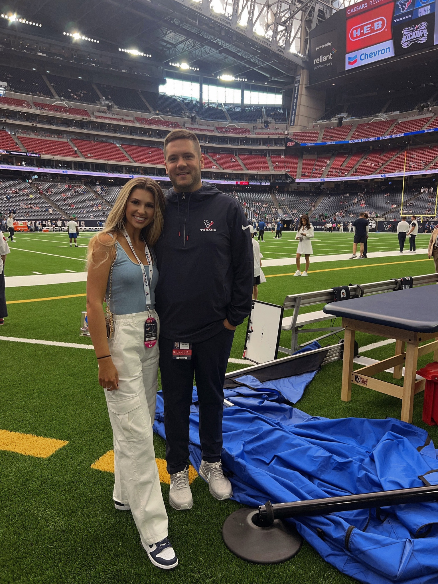 Texans game day 🏈 NFL game day outfit, white cargo pants, denim bodysuit (wearing size 1) , Nike Dunks 

#LTKstyletip #LTKSeasonal #LTKfindsunder100