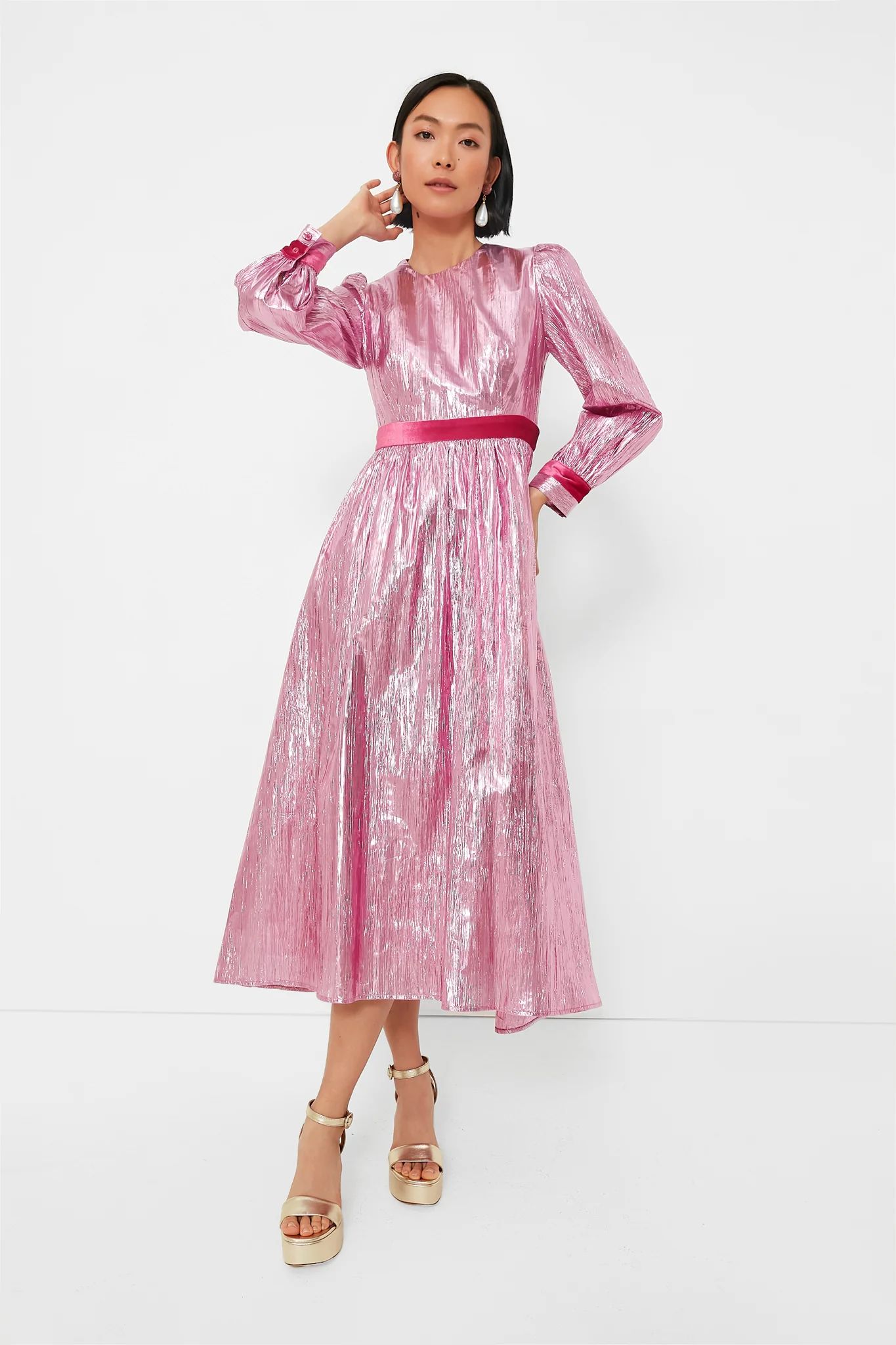 Pink Metallic Plisse Eloise Midi Dress | Tuckernuck (US)