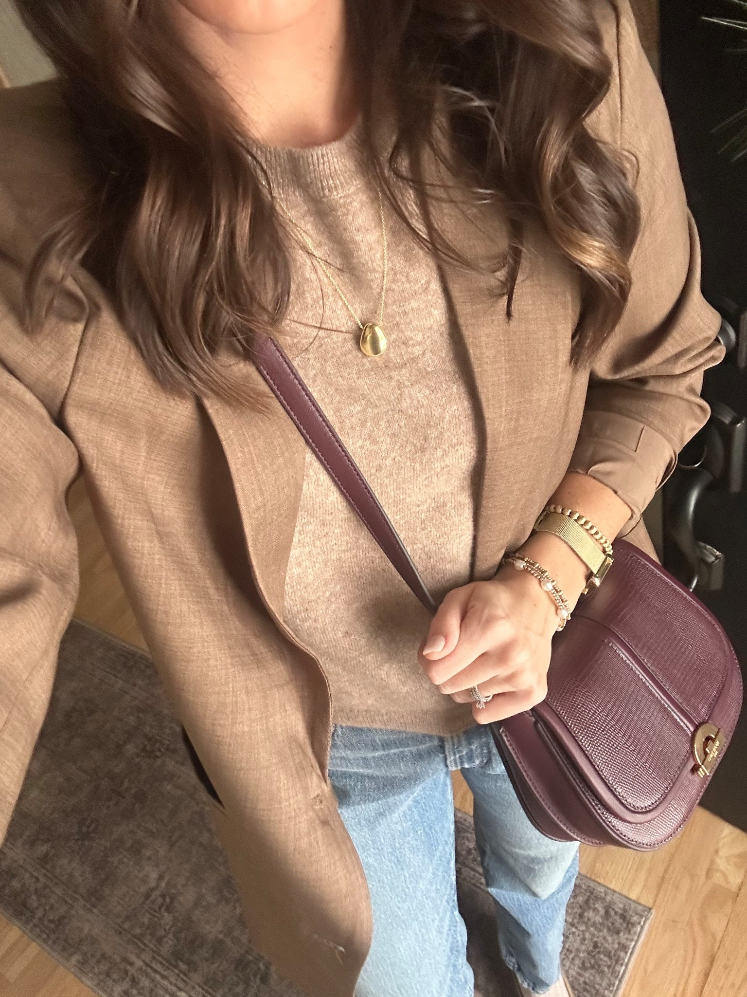 Classy causal style 

Sweater - size up, I wear a medium 
Blazer - medium
Jeans - size 26 regular 