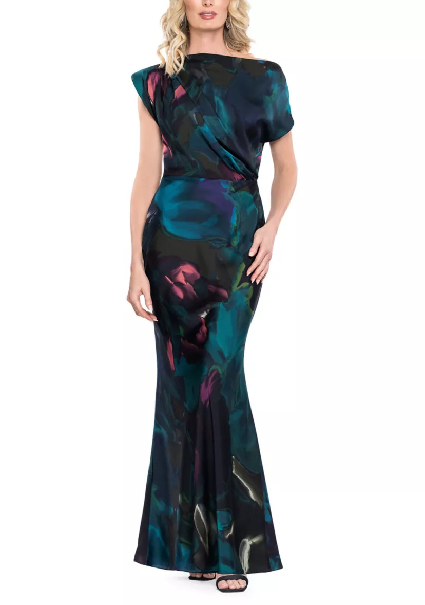 Women's Short Sleeve Off Shoulder Drape Abstract Print Hammered Satin Slim Gown | Belk