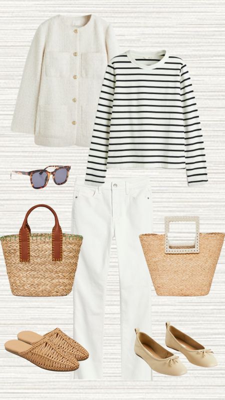 Spring uniform!! This outfit will be on repeat for me this spring! Pearl details on the straw bag! #spring #white #summerbags