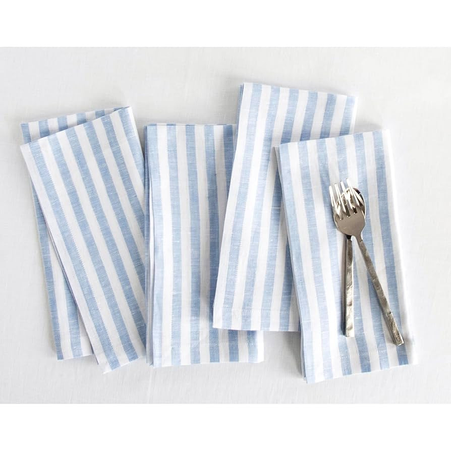 Solino Home Linen Napkins Set of 4-100% Pure Linen Amalfi Stripe Sky Blue and White Cloth Dinner ... | Amazon (US)