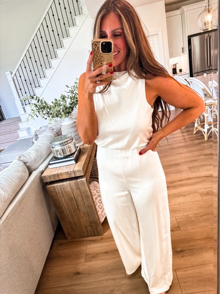 New white jumpsuit wearing a medium it is so beautiful and satin material. You will need shape where it does show all the lumps and bumps if not 

bridal bride wedding.

#LTKstyletip #LTKwedding #LTKmidsize