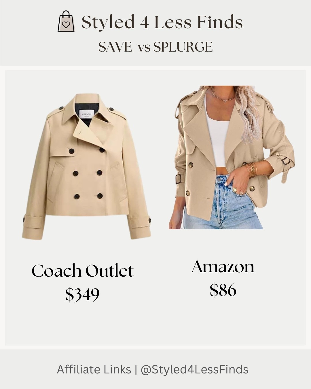 Spring jacket season is here and this cropped trench is such a good one 🤎

You can splurge on the classic from Coach Outlet or grab the save option from Amazon that gives the same elevated look for under $100.

A cropped trench is one of those pieces that instantly makes a simple outfit feel styled. Throw it on with high-waisted jeans, a tee or tank, and sneakers or loafers and you’re good to go.

Both options are linked for you so you can choose your save or splurge moment.

✨ Style tip: Cropped trenches look best with high-rise denim or trousers so the proportions stay balanced and flattering.

#LTKover50style #LTKcanada #LTKstyletip