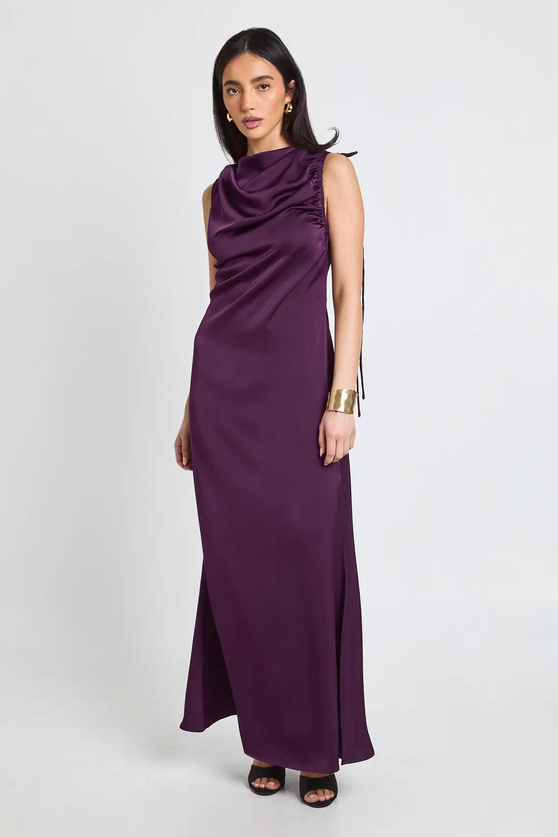 Plum Satin Ruched Shoulder Detail Sleeveless Maxi Dress | Boohoo | Boohoo.com (UK & IE)