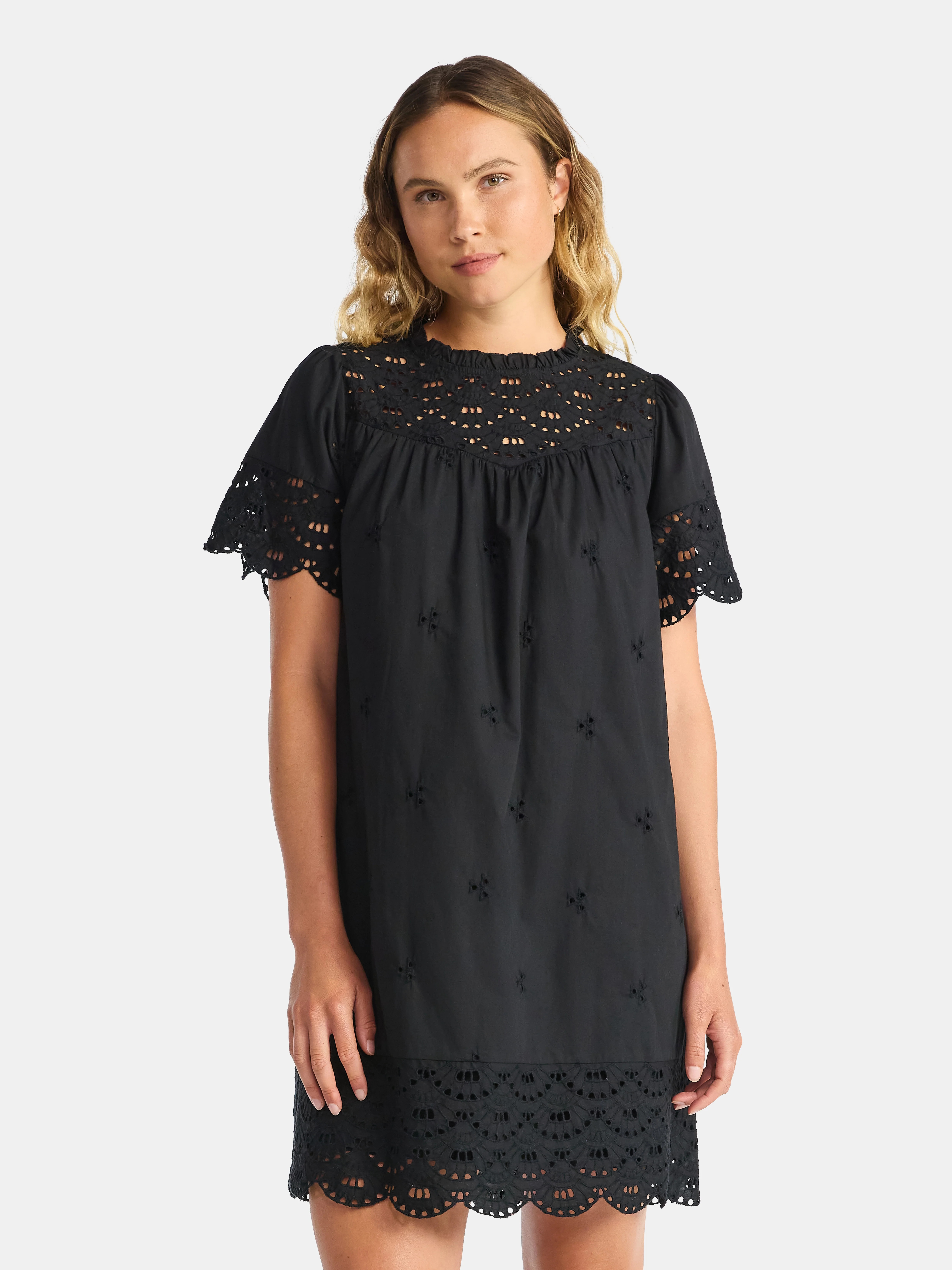 Time and Tru Women's Cotton Eyelet Mini Dress with Short Sleeves, Sizes XS-XXXL | Walmart (US)