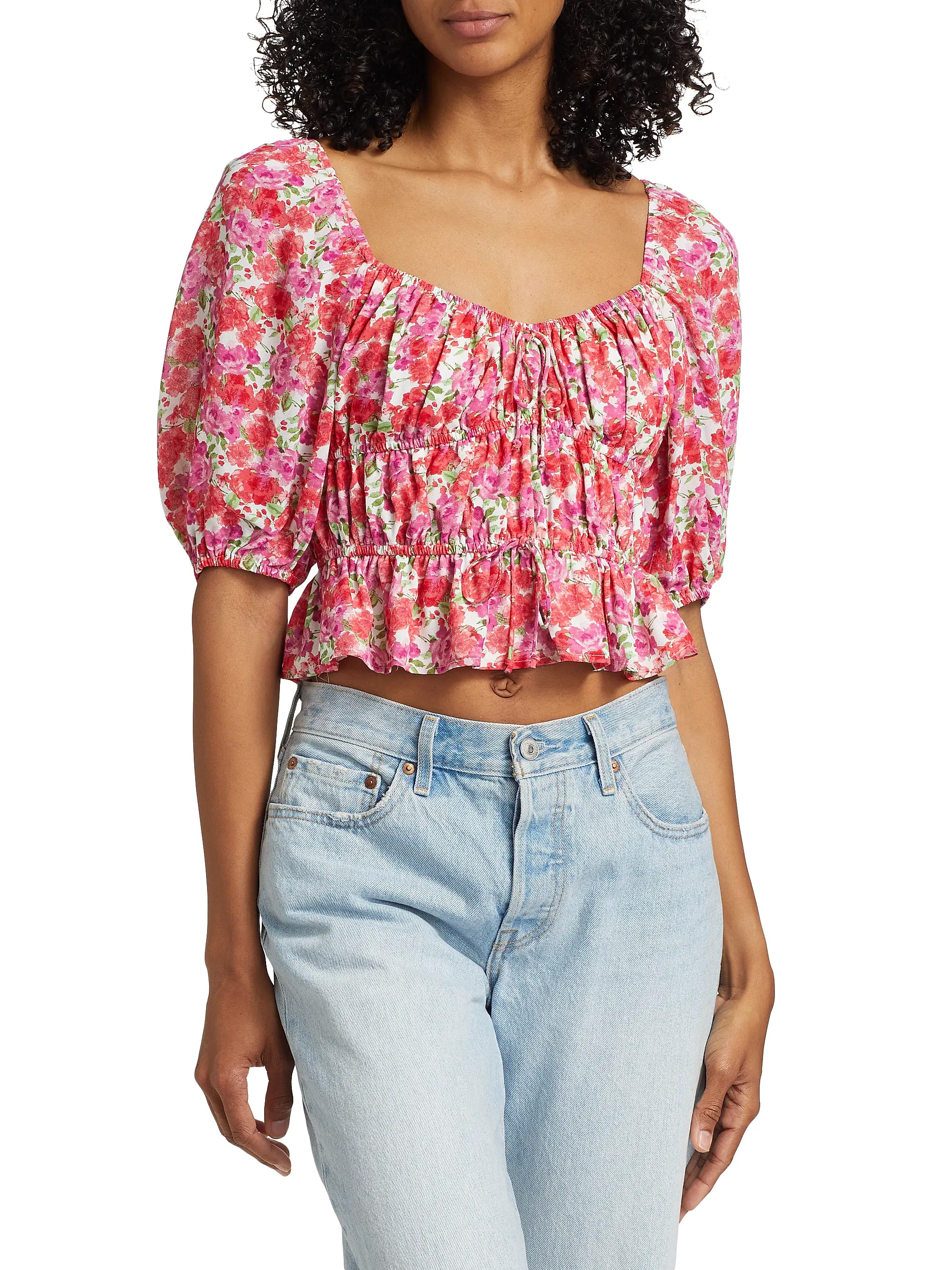Avra Floral Puff-Sleeve Crop Top | Saks Fifth Avenue