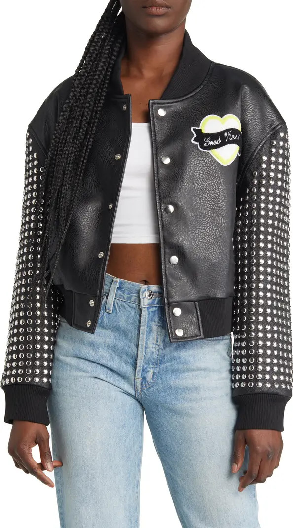 Stud Faux Leather Snap Bomber Jacket | Nordstrom