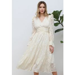 Burnout Floral Ruched Waist Chiffon Midi Dress in Cream | Chicwish
