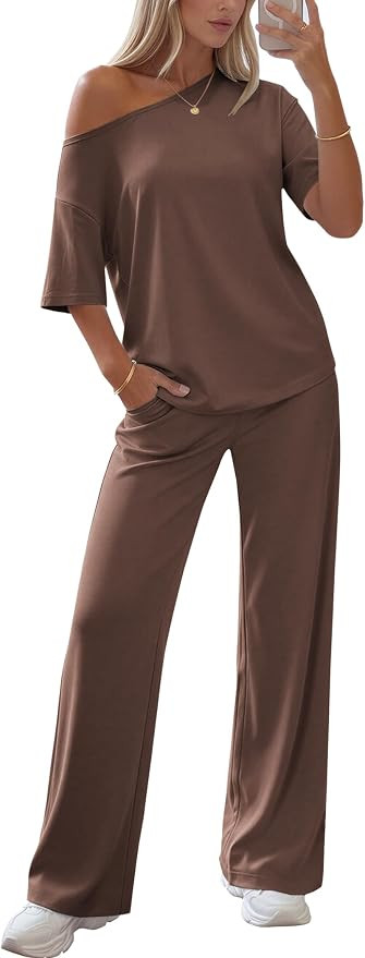 Ekouaer Lounge Sets for Women Off Shoulder(Right) Short Sleeve Tops and Long Pants 2 Piece Set Su... | Amazon (US)