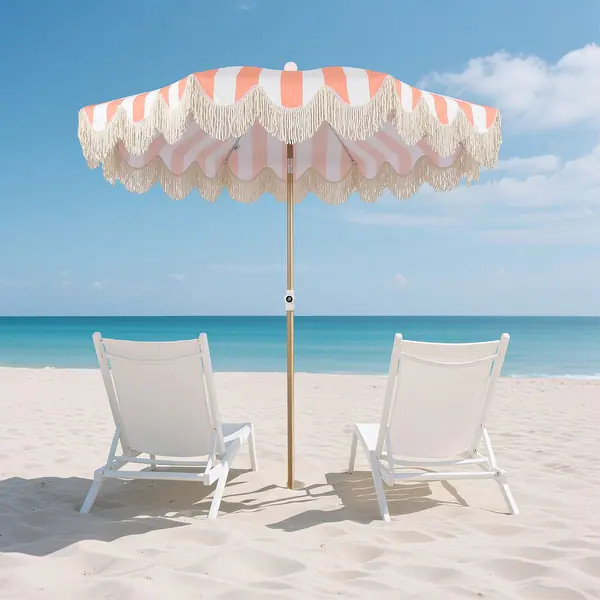 JONATHAN Y Mariner 6.5ft Classic Fringe Umbrella w/ Tilt & Bag - Coral Pink/White, Light BrowN Po... | Bed Bath & Beyond