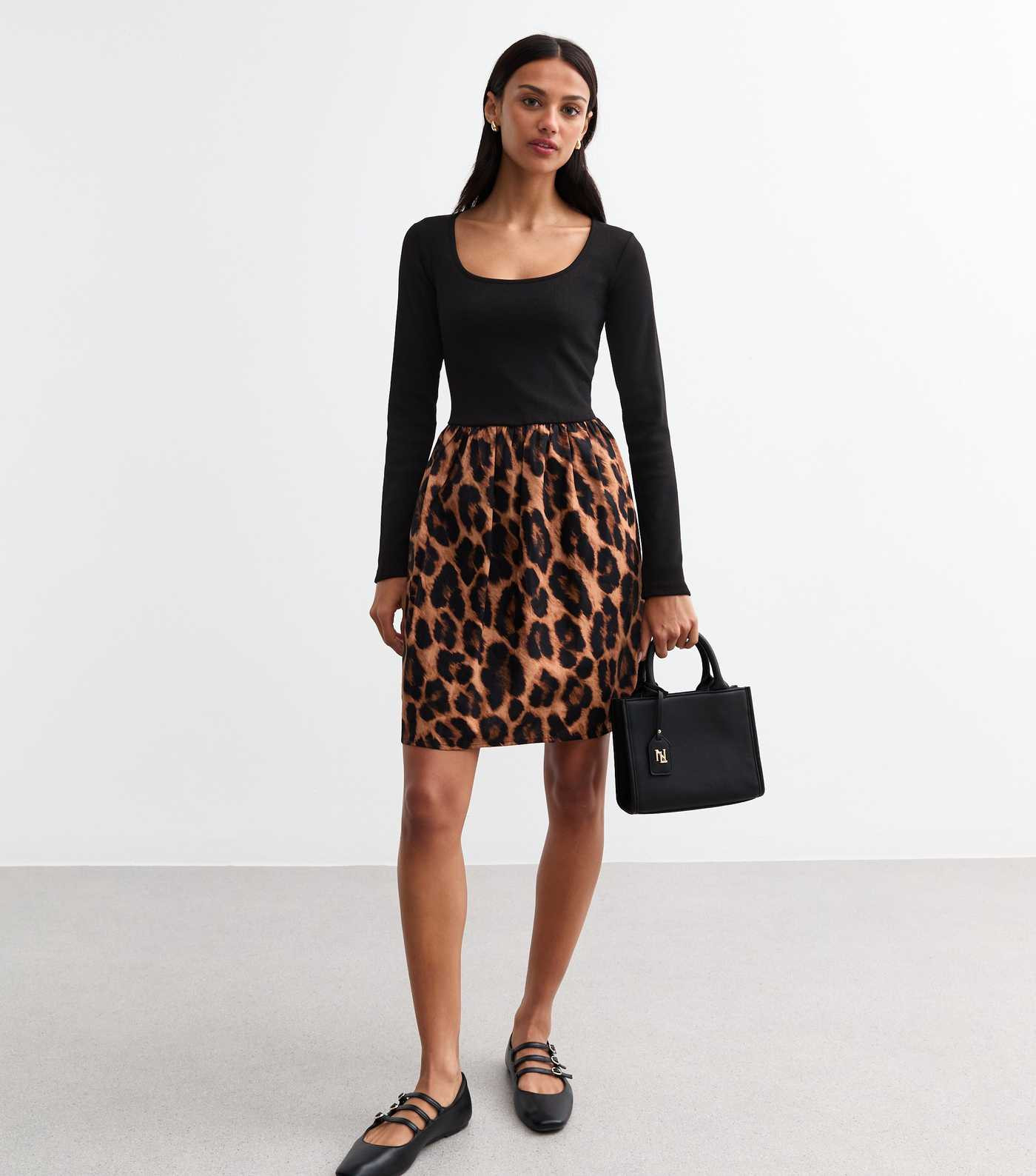 Black Leopard Print Long Sleeve Mini Dress | New Look | New Look (UK)