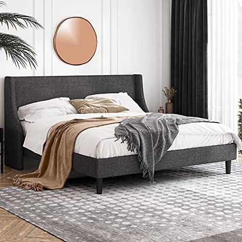 Einfach King Size Platform Bed Frame with Wingback Headboard / Fabric Upholstered Mattress Foundatio | Amazon (US)