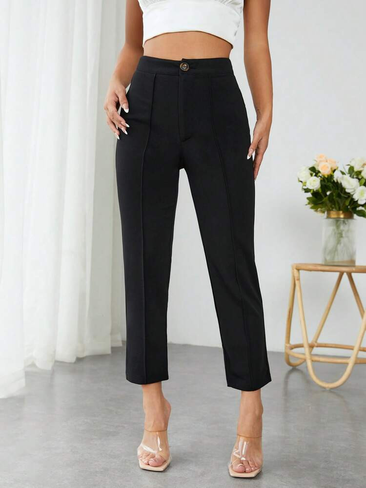 SHEIN PETITE High Waist Press Crease Tapered Black Summer Pants | SHEIN