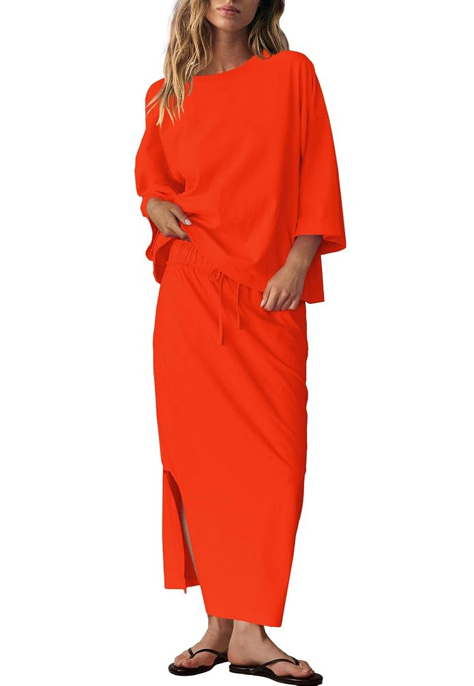 LAMISSCHE Skirt Sets Women 2 Piece Outfits Casual Lounge Set Back Vented Tops and Maxi Dress with... | Amazon (US)