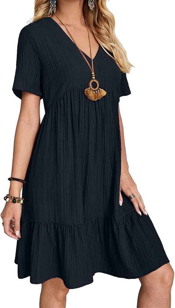 Women's Summer dresses Casual Midi Swing Short Sleeve V Neck Tiered A Line Flowy Beach Dress Sund... | Amazon (US)