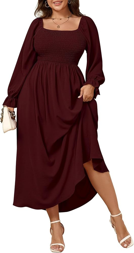 Women's Plus Size Maxi Dress Long Sleeve Square Neck Smocked Flowy A-Line Boho Wedding Party Maxi... | Amazon (US)