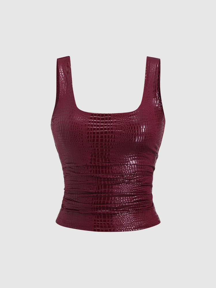 Sweetra New Stylish Burgundy Crocodile Embossed PU Coated Elastic Streetwear Party Clubwear Commuter Everyday Fitted Tank Top For Women, Spring/Summer | SHEIN