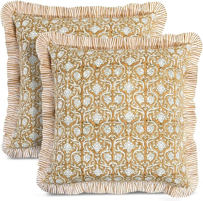 CPC Block Print Ruffle Throw Cover Mustard Regal 18"x18" Inch Pack of 2-100% Cotton Ruffle Couch ... | Amazon (US)