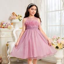 Tween Girl Cute Feather Embellished Mesh Dress With Sheer Neckline And Sleeveless Design | SHEIN