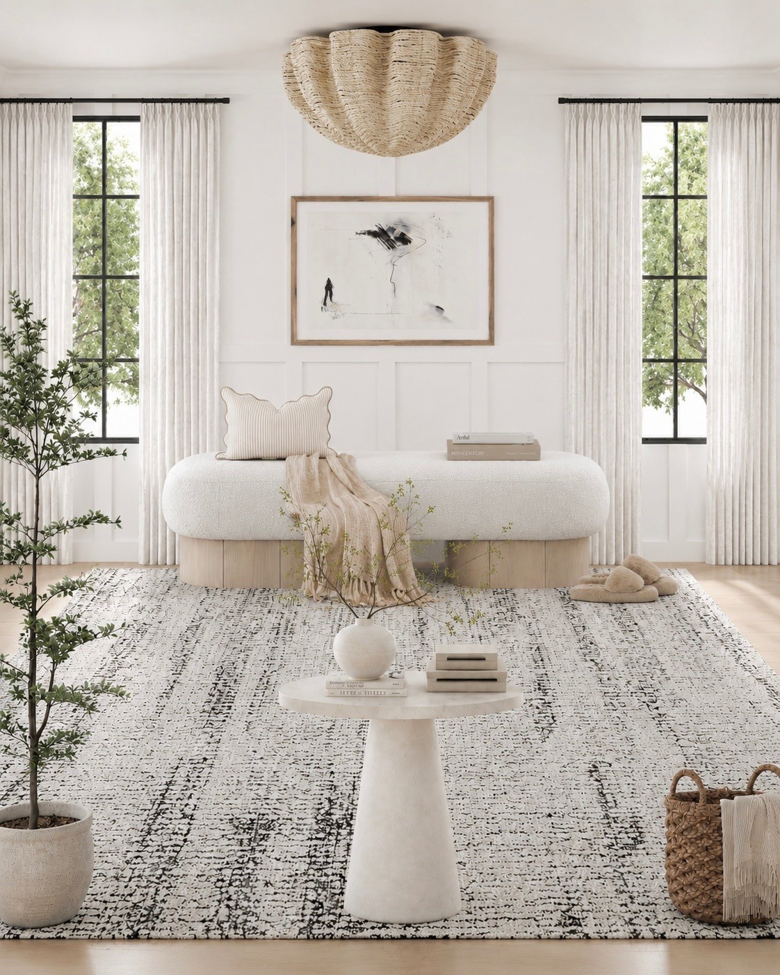 Neutral entryway furniture, decor and storage. Console table, upholstered ottomans with storage, table lamp, vase , greenery stems, arch mirror, wall art, woven light fixture, flush mount light, entry rug, upholstered bench, basket, Amazon home, restoration hardware style, Wayfair, McGee, organic modern, minimalist, transitional

#LTKsale #LTKstyletip #LTKhome