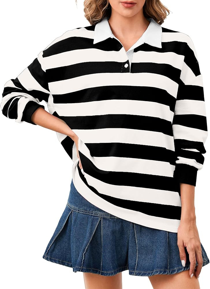 Women's Oversized Striped Polo Sweatshirt Long Sleeve Rugby Collared Pullover Tops Loose Fit Shir... | Amazon (US)