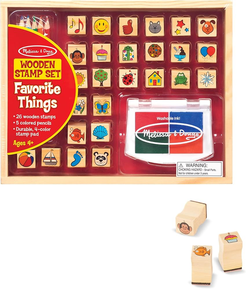 Melissa & Doug Wooden Stamp Set, Favorite Things - 26 Stamps, 4-Color Stamp Pad With Washable Ink... | Amazon (US)
