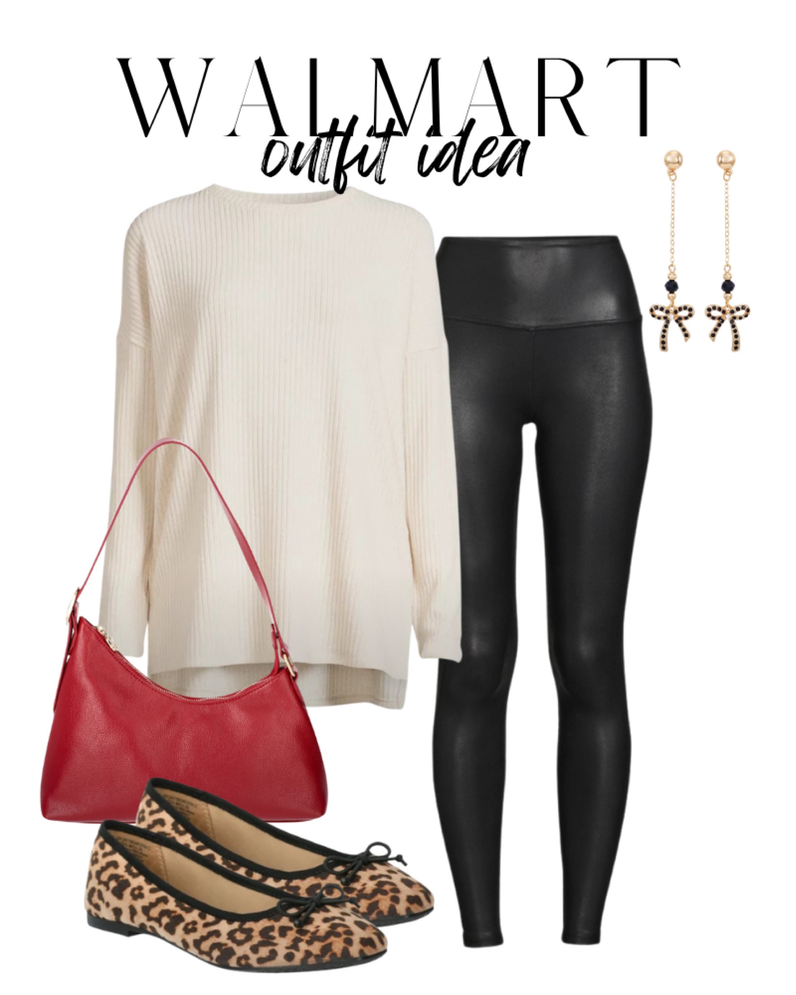 Walmart outfit idea, holiday outfit, ballet flats, faux leather leggings, bow earrings 

#LTKHoliday #LTKParties #LTKStyleTip