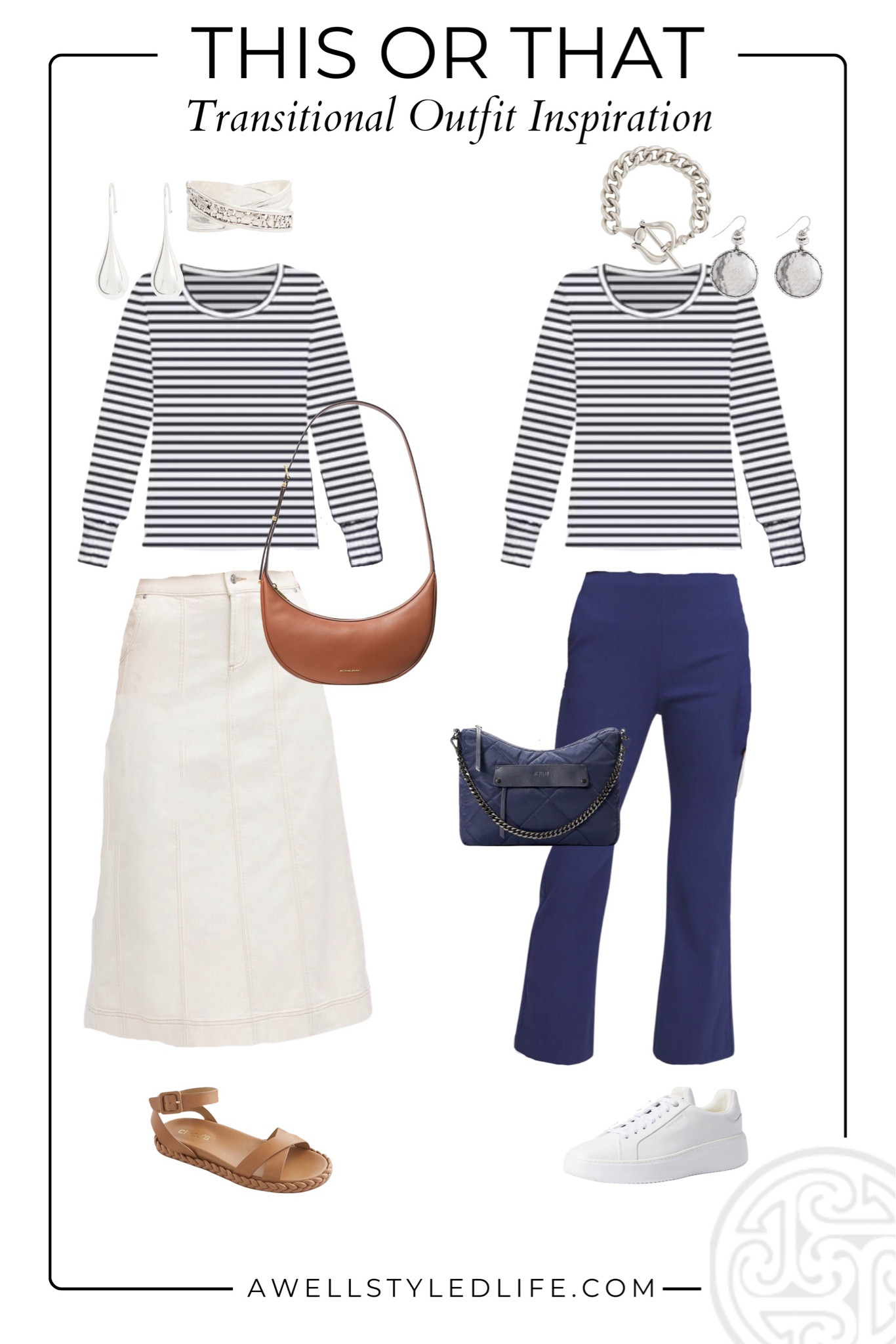 Summer/Fall Outfit Inspiration:

Chico's has $50 off when you spend $200, all clothes and jewelry are from Chico's. Shoes and brown bag from Zappos, navy bag from MZ Wallace.

#fashion #fashionover50 #fashionover60 #summerfashion #summeroutfit #fallfashion #falloutfit #transitionoutfit #chicos #zappos #mzwallace #denimskirt #stripes #bretontop

#LTKSaleAlert #LTKStyleTip #LTKSeasonal