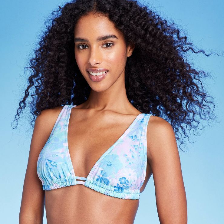 Women's Plunge Double Tunnel Triangle Bikini Top - Shade & Shore™ Blue Floral Print | Target