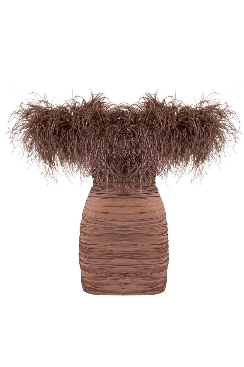 KAIA MOCHA FEATHER MINI DRESS | CULT MIA UK LTD