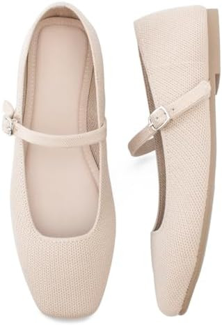 Knit Flats for Women Square Toe Flats Casual Ballet Flats with Ankle Strap,Mary Jane Shoes Women ... | Amazon (US)