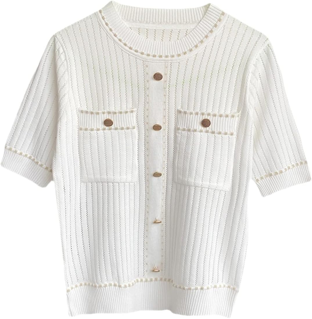 Woman Round Neck Knitted Loose T-Shirt Solid Color Short Sleeve Comfortable Casual Top | Amazon (US)