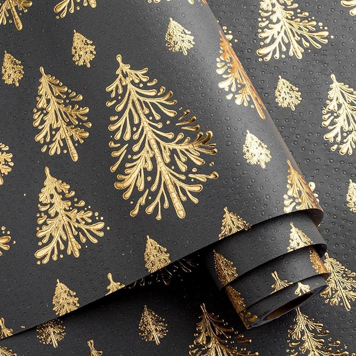 Flyhill Dark Gray Kraft Christmas Wrapping Paper,Lusury Gold 3D Embossed Foil Christmas Trees Des... | Amazon (US)