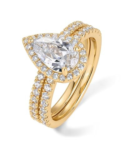 PAVOI 14K Yellow Gold Plated 1.7CT Pear Cubic Zirconia Eternity Engagement Ring Promise Pack for Women - Hidden Halo Ring Set - Size 8 | Amazon (US)